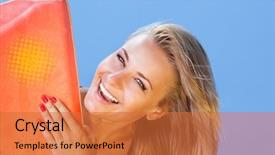 Presentation with sport blue - PPT theme having closeup portrait of beautiful happy blond woman with surfboard on blue sky background enjoying water sport summer activity and holidays background and a red colored foreground