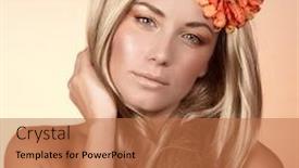  Presentation with hair spa - Amazing slide set having closeup portrait of beautiful woman with orange flower in long blond hair isolated on beige background gentle makeup autumn season spa salon beauty concept backdrop and a coral colored foreground