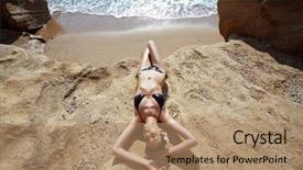  Presentation with tan - PPT theme with closeup portrait of beautiful young woman with golden tan resting at beach in summer background and a coral colored foreground