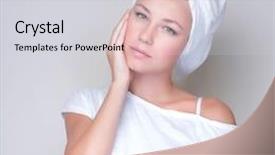  Presentation with day spa - PPT layouts enhanced with closeup portrait of beautiful young woman with towel on head isolated on gray background enjoying day spa beauty treatment concept background and a sky blue colored foreground