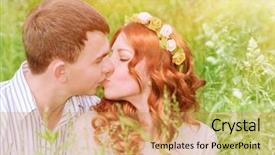  Presentation with love romance - Beautiful slide deck featuring closeup portrait of beautiful young couple kissing outdoors spending wedding day in the park sunny day love and romance concept backdrop and a coral colored foreground