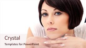  Presentation with blue eyes - PPT theme featuring closeup portrait of brunette female model with blue eyes on white background background and a lemonade colored foreground