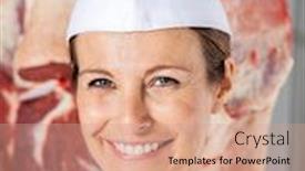  Presentation with butcher shop - Presentation featuring closeup portrait of confident female butcher smiling in shop background and a coral colored foreground