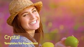  Presentation with farming - Cool new PPT layouts with closeup portrait of happy beautiful female offers an apple laughing in floral garden bright sunset light farming and harvesting concept backdrop and a tawny brown colored foreground