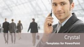  Presentation with front office - Theme consisting of closeup portrait of happy businessman talking on mobile in front of office building windows background and a gray colored foreground