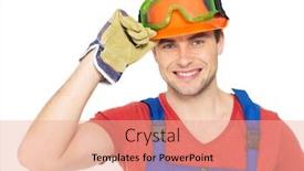  Presentation with handyman - Beautiful slide deck featuring closeup-portrait-of-happy-handyman backdrop and a coral colored foreground