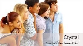  Presentation with upwards - Presentation theme featuring closeup portrait of many men and women smiling and looking upwards against white background background and a light gray colored foreground