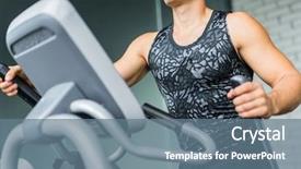  Presentation with trainer - Presentation design enhanced with closeup portrait of muscular sportive man running using elliptical trainer during workout in modern gym background and a ocean colored foreground