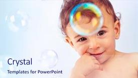  Presentation with infant - Cool new slide deck with closeup portrait of naked nice little kid isolated on blue background cute happy baby boy bathe adorable child with finger in mouth sweet infant play with soap-bubble healthy childhood backdrop and a sky blue colored foreground