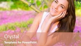  Presentation with tree spring flowers apple flowers - Audience pleasing slide deck consisting of closeup portrait of nice dreamy girl sitting down on pink flowers field in apple tree garden watching for first spring blossom beauty of nature concept backdrop and a coral colored foreground