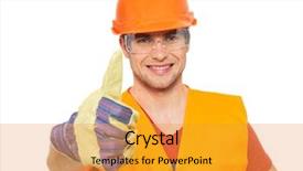  Presentation with craftsman - Colorful PPT theme enhanced with closeup portrait of smiling craftsman thumbs up sign in orange protective uniform isolated on white background backdrop and a gold colored foreground