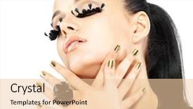  Presentation with eyelashes - Amazing PPT theme having closeup portrait of the beautiful woman with long black false eyelashes makeup and golden nails isolated on white background backdrop and a lemonade colored foreground