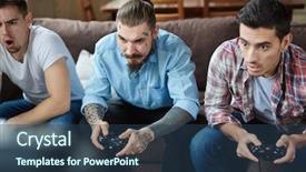  Presentation with wireless - Slide set with closeup portrait of three emotional adult men playing video games and cheering holding wireless controllers while sitting on couch in living room background and a ocean colored foreground