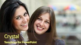  Presentation with teenagers - Theme with closeup portrait of two happy pretty teenagers embracing background and a tawny brown colored foreground