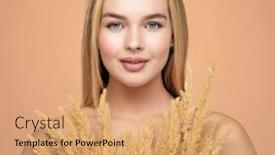  Presentation with beautiful spring flowers - PPT theme with closeup-portrait-of-young-beautiful background and a coral colored foreground