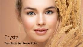  Presentation with beautiful spring flowers - PPT theme with closeup-portrait-of-young-beautiful background and a coral colored foreground