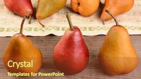  Presentation with focus group - Cool new slides with closeup shot of a group of three pears on a rustic kitchen table four out of focus pears lay on a table cloth in the background bosc and red pears are shown backdrop and a tawny brown colored foreground