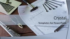  Presentation with systems - Slide set enhanced with closeup shot of assorted mechanics tools wrenches hammer and tongs laid out on rough wooden table with blueprints of car systems and laptop nearby background and a light blue colored foreground