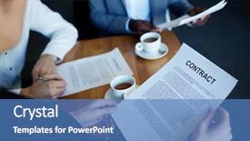  Presentation with reading table - Beautiful presentation featuring closeup shot of business contract in hands of unrecognizable woman reading it while sitting with partners at meeting table backdrop and a teal colored foreground