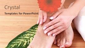  Presentation with skincare - Presentation theme having closeup shot of female legs and hands with clean and soft skin skincare concept background and a coral colored foreground