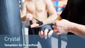  Presentation with club training - PPT theme having closeup shot of man wrapping hands with protective band during fighting training in boxing club background and a ocean colored foreground