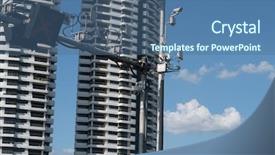  Presentation with cctv camera - Slide deck with closeup shot of street light on red and cctv camera over tall buildings and beautiful blue sky background background and a ocean colored foreground