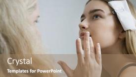  Presentation with makeup artist - Presentation theme featuring closeup side view of a makeup artist preparing model background and a coral colored foreground