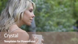  Presentation with blurred plants - Audience pleasing presentation consisting of closeup side view of a young blonde woman with coffee cup against blurred plants backdrop and a coral colored foreground