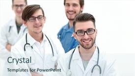  Presentation with team - Slides consisting of closeup smiling team of practitioners background and a  colored foreground