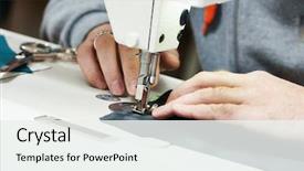  Presentation with sewing process close up - PPT theme featuring tailor's hands during sewing background and a sky blue colored foreground