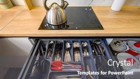  Presentation with cooking utensils - Presentation theme featuring closeup-to-cooking-induction-stove background and a  colored foreground