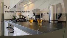  Presentation with tea coffee - Colorful PPT theme enhanced with closeup-to-modern-kitchen-cupboard backdrop and a mint green colored foreground