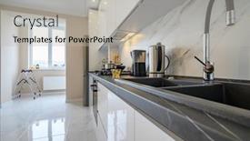  Presentation with tea coffee - PPT layouts having closeup-to-modern-kitchen-cupboard background and a light gray colored foreground