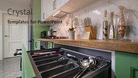  Presentation with kitchen utensils - Slide deck enhanced with closeup-to-pulled-out-drawer background and a  colored foreground