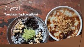  Presentation with pudding - Presentation theme featuring closeup top view of turkish chocolate mousse pudding and rice pudding with walnut isolated on rustic wooden table background and a violet colored foreground