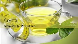  Presentation with loss - Slide set featuring closeup view of cup with tea mint leaves and measuring tape on table weight loss concept background and a yellow colored foreground