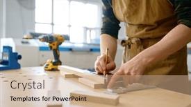  Presentation with carpenter - Slides with closeup-view-on-carpenter-hand background and a coral colored foreground