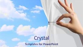  Presentation with curtain - PPT theme enhanced with closing curtains - close up of hand opening background and a sky blue colored foreground
