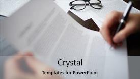  Presentation with contract - Slide set consisting of closing deal - image of business objects background and a  colored foreground