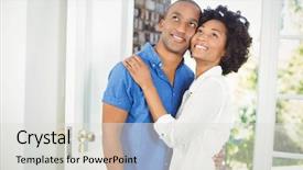 Presentation with couple - Beautiful PPT theme featuring closing opening door - happy couple embracing and looking backdrop and a light gray colored foreground