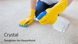  Presentation with rubber gloves - Presentation theme having cloth and detergent spray cleaning background and a light gray colored foreground