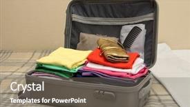  Presentation with open an account - Audience pleasing slide deck consisting of cloth bags - open grey suitcase with clothing backdrop and a gray colored foreground