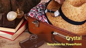  Presentation with suitcase - Colorful presentation design enhanced with cloth bags - packing suitcase for trip backdrop and a tawny brown colored foreground