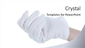  Presentation with waiter hand in white glove - Theme having cloth glove on hand isolated background and a  colored foreground