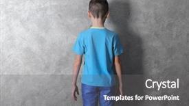  Presentation with advertising - Colorful slides enhanced with clothes advertising boy in blue t-shirt and jeans against grey textured wall background back view backdrop and a gray colored foreground