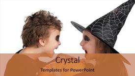  Presentation with costume - Amazing PPT layouts having clothes boys - boy and girl wearing halloween backdrop and a coral colored foreground