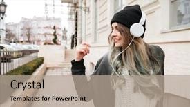  Presentation with concert symphony woman dancing in grass - Colorful slide deck enhanced with clothes dancing and listening music backdrop and a mint green colored foreground