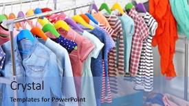  Presentation with clothes - Colorful PPT layouts enhanced with coat many colors - clothes for kids on hangers backdrop and a light blue colored foreground