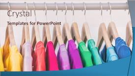  Presentation with closet - PPT layouts enhanced with clothes hanging on clothing rack wardrobe fashion apparel selection of rainbow color t-shirts on closet hangers womens wear in store shopping spring cleaning concept summer home wardrobe background and a lemonade colored foreground