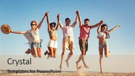  Presentation with holding hands - Beautiful PPT theme featuring clothes holding hands while jump backdrop and a coral colored foreground